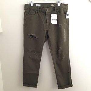Gap girlfriend distressed cotton army olive green mid rise jeans sz 30 R